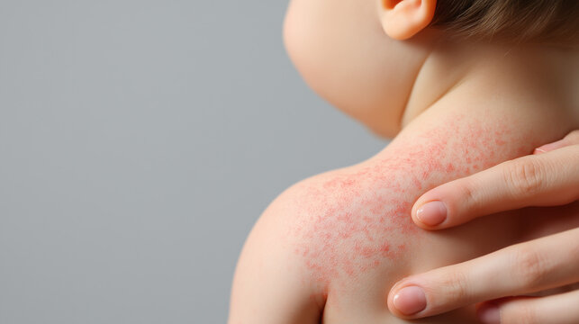 Close-up of baby shoulder with red rash and irritation. Dermatology concept of allergy, eczema or skin sensitivity in infants, healthcare and pediatric care.