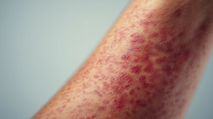 Fototapeta premium Macro view of inflamed skin with pronounced red rash and irritation, representing dermatological disease, allergy or infection.