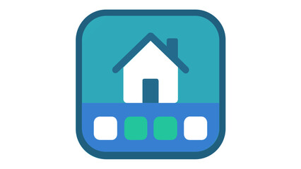 Fototapeta premium Minimalist flat vector icon illustration of a mobile application launch icon featuring a white house symbol on a teal background with a blue navigation bar for app development and UI design.