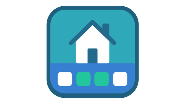 Minimalist flat vector icon illustration of a mobile application launch icon featuring a white house symbol on a teal background with a blue navigation bar for app development and UI design.