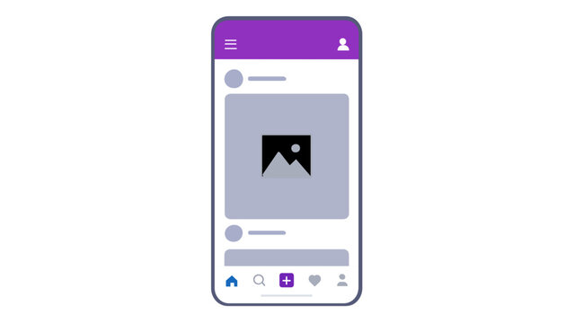 Minimalist vector illustration of a smartphone showing a social media app interface with a news feed, profile icons, and navigation menu, ideal for mobile UI/UX design and app development.