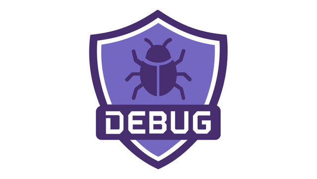 Purple shield debug vector icon illustration for software development and application testing, featuring a bug symbol and text, representing cybersecurity, error fixing, and coding maintenance.