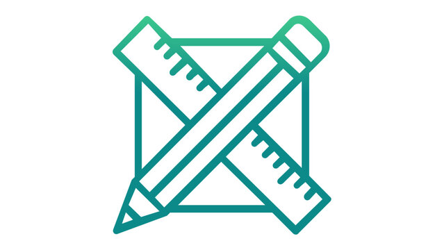 Modern vector icon illustration featuring a crossed pencil and ruler over a square frame, symbolizing mobile app development, graphic design, and creative tools with a green gradient.