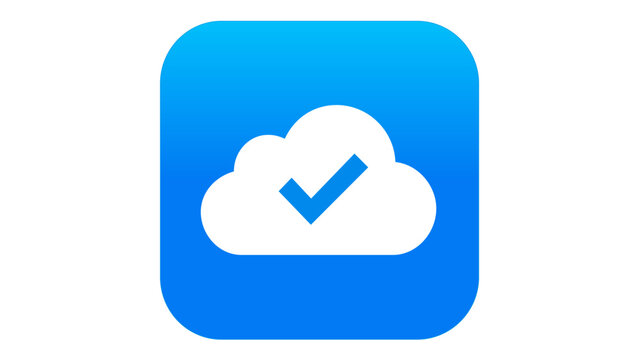 Cloud computing app testing vector icon illustration featuring a white cloud with a blue checkmark inside a rounded blue square, symbolizing successful data storage, verification, and sync status.