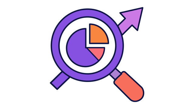 Scalable vector icon illustration of a magnifying glass with a pie chart and upward growth arrow, symbolizing data analysis, market research, business analytics, and SEO for app development.