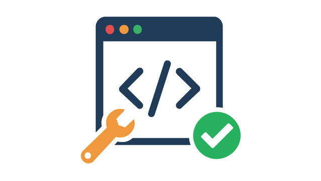 Flat vector icon illustration of a web browser window with code brackets, a wrench tool, and a green checkmark, symbolizing app development, website maintenance, and successful software coding.