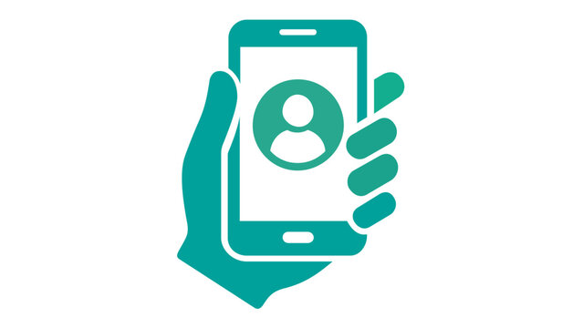 Vector icon illustration of a hand holding a smartphone with a user profile account symbol on the screen, featuring a modern green gradient design for mobile app development and UI UX design.