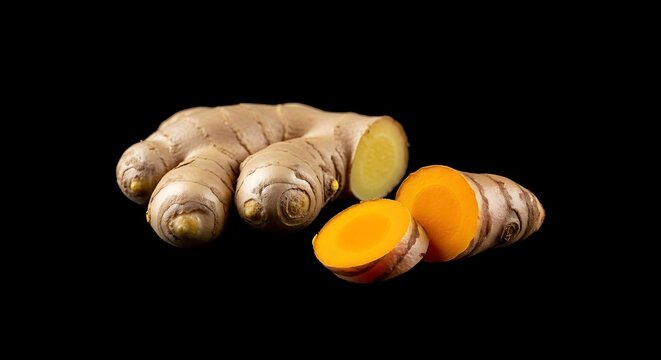 Raw ginger root and turmeric, partially sliced, against a stark black background