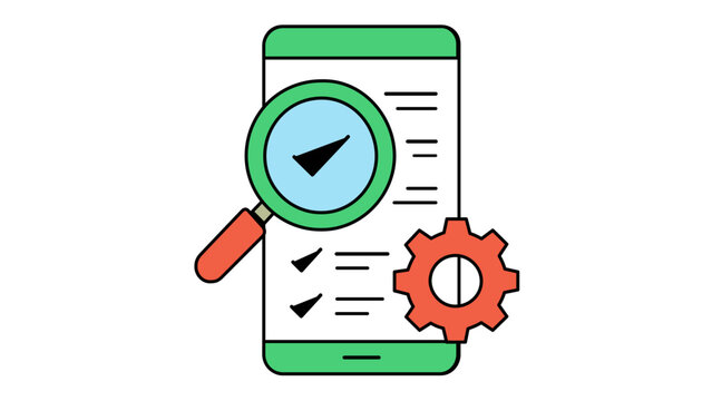 Vibrant vector illustration icon of smartphone app development and mobile software testing featuring a digital checklist, magnifying glass with checkmark, and gear for quality assurance tasks.