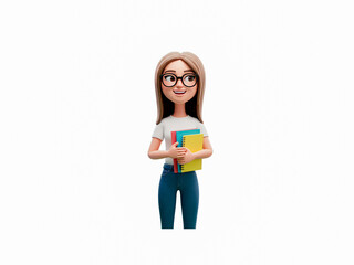 Smiling student girl holding colorful notebooks while standing and looking ahead in this charming 3D animation motion clip