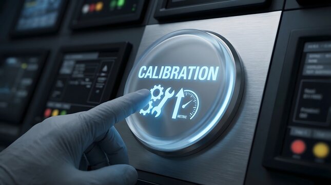 A hand calibrating a machine with a glowing button