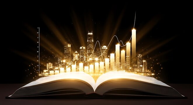 Book opened, with cityscape and financial graphs glowing. Black background, concept of knowledge & growth