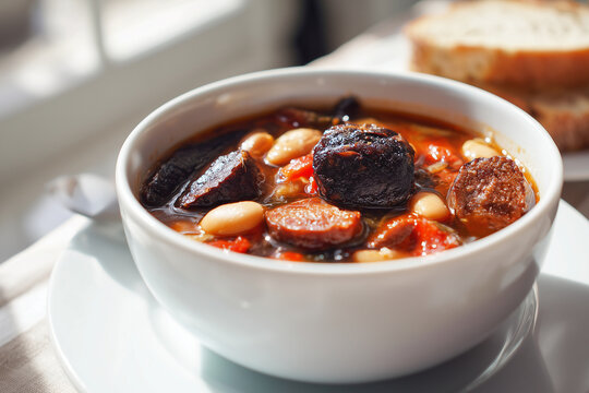 Asturian bean stew with chorizo and morcilla in a white bowl