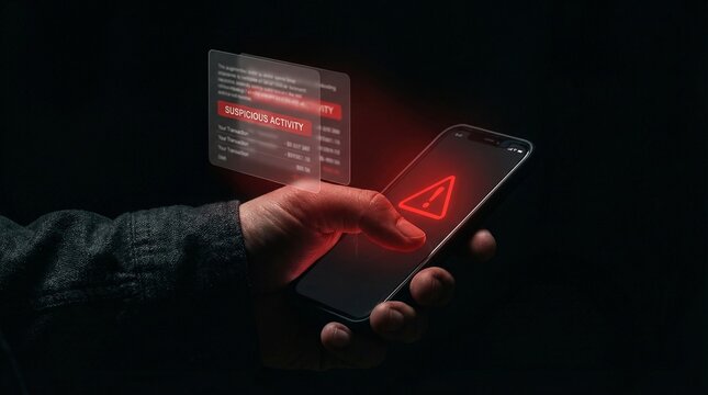 A person holding a smartphone with a red warning sign on the screen indicating suspicious activity