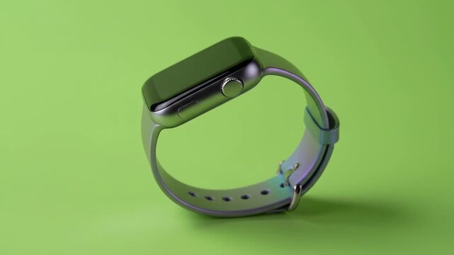 Sleek Silver Smartwatch with Iridescent Gradient Band, Modern Wearable Technology Displayed.