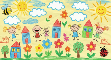 Naklejka premium Children's drawing of happy kids, houses, flowers, sun, and bee on textured paper