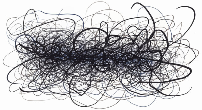 Abstract chaotic scribble lines background, black ink on white paper, artistic mess