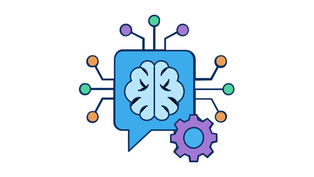 Artificial intelligence vector icon illustration with a brain in a speech bubble, circuit nodes, and a gear, symbolizing machine learning, neural networks, and cognitive computing technology.