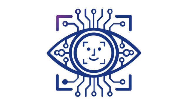 Modern artificial intelligence computer vision vector icon illustration featuring a digital eye with facial recognition scanning technology, circuit board patterns, and a purple gradient.