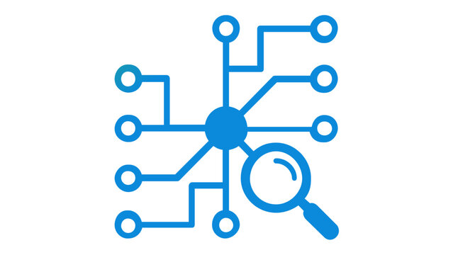 Cognitive computing vector icon illustration featuring a central neural network node connected to various data points with a magnifying glass for deep analysis, representing artificial intelligence.