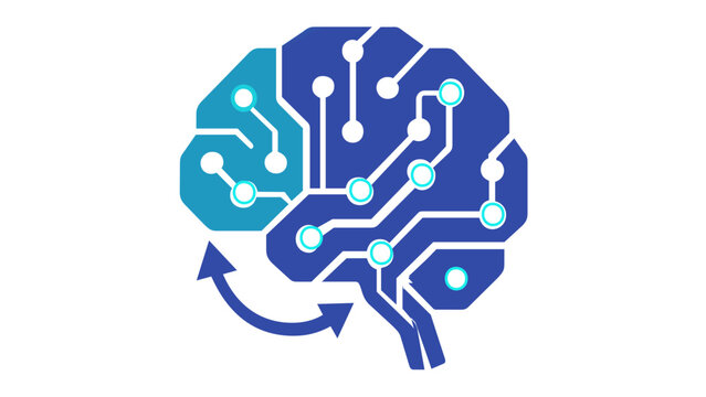Artificial intelligence vector icon illustration of a digital brain with circuit board patterns and neural network connections, representing machine learning, deep learning, and cognitive computing.