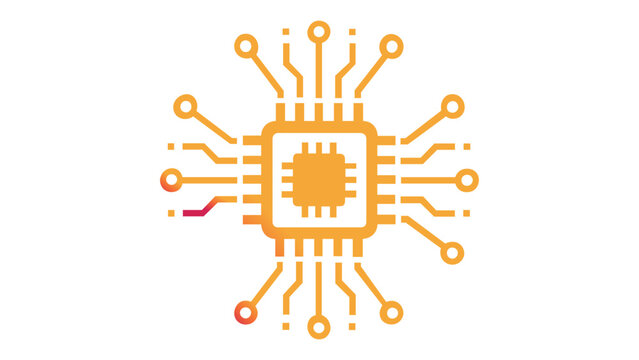 Scalable vector icon illustration of a high-tech CPU microchip representing artificial intelligence and deep learning, featuring minimalist circuit board lines and a vibrant orange gradient.