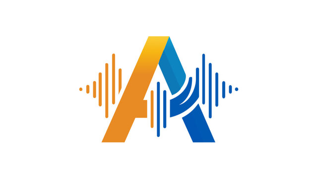 Stylized letter A vector icon with sound wave frequency bars, representing artificial intelligence, predictive modeling, and voice recognition. Minimalist flat illustration for tech apps.