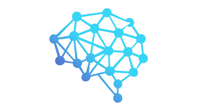 Artificial intelligence brain vector icon illustration featuring a stylized neural network with interconnected nodes and lines in a blue gradient, representing machine learning and technology.