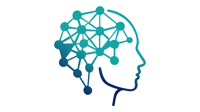 Artificial intelligence vector icon illustration of a human head profile with a digital neural network brain representing machine learning, smart algorithms, deep learning, and cognitive computing.