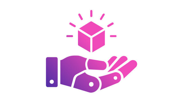 Purple gradient robotic hand holding a glowing cube vector icon, artificial intelligence assistant illustration, minimalist flat design for future technology and digital innovation concepts.
