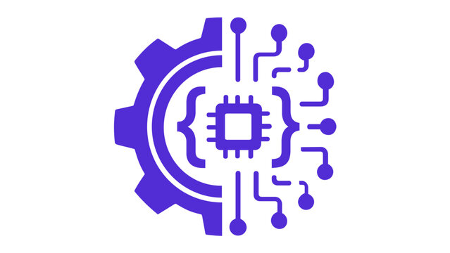 Colorful vector illustration of a cognitive computing icon featuring a gear and circuit board design with a central CPU chip and code braces, representing AI technology and machine learning.