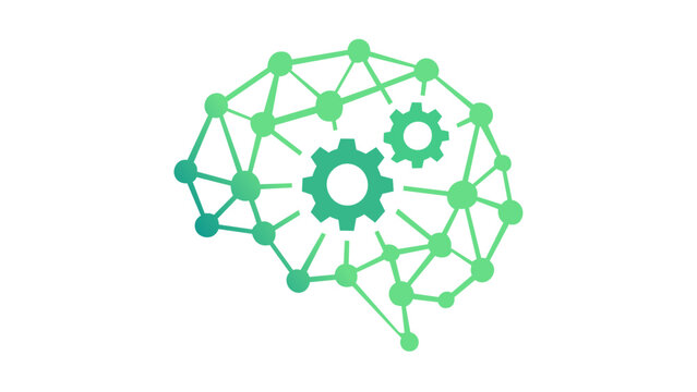 Artificial Intelligence brain vector icon illustration with neural network nodes and gears, symbolizing machine learning, smart technology, cognitive computing, and digital logic processing.
