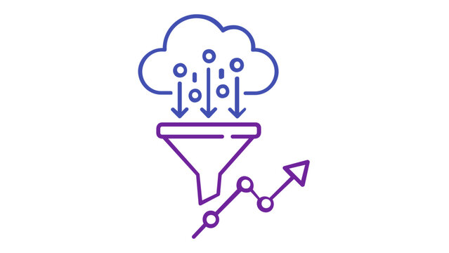 Cloud Data Processing and AI Analysis Funnel Vector Icon Illustration. Scalable Flat Minimalist Design Representing Big Data Filtering, Machine Learning Insights, and Business Growth Analytics.