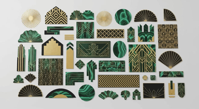 Art Deco Geometric Patterns Seamless Background with Gold and Teal Malachite Textures