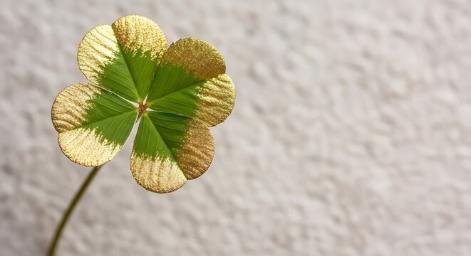 Close-up of a four-leaf clover with gold-tipped edges against a textured wall