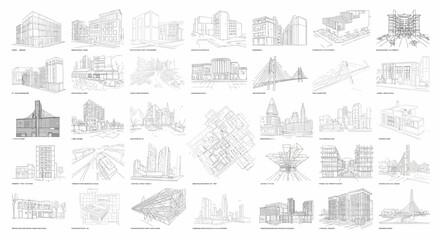 Obraz premium Architectural Sketches Collage: Diverse Building Designs and Cityscapes