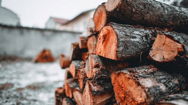 Stacked firewood pile outdoors near house wall. Close-up of cut logs with rough bark. Rustic wood texture and natural material. Heating, winter preparation, countryside living concept