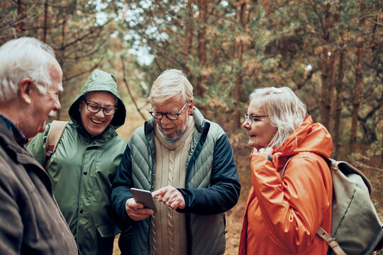 Senior friends using smartphone on forest hike