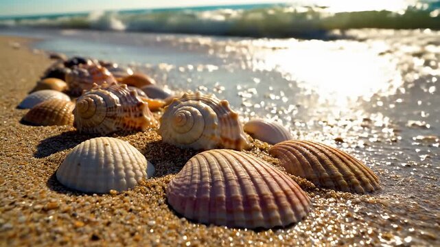 Seashells on sandy beach with ocean waves in bright sun