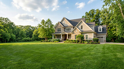 Fototapeta premium A grand modern suburban house with stone and siding facade sits proudly on a perfectly manicured expansive green lawn under a bright sky.