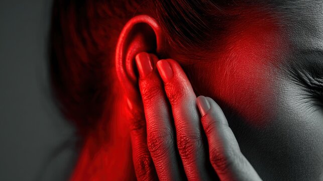 Person holding ear with pain in dark setting during daytime