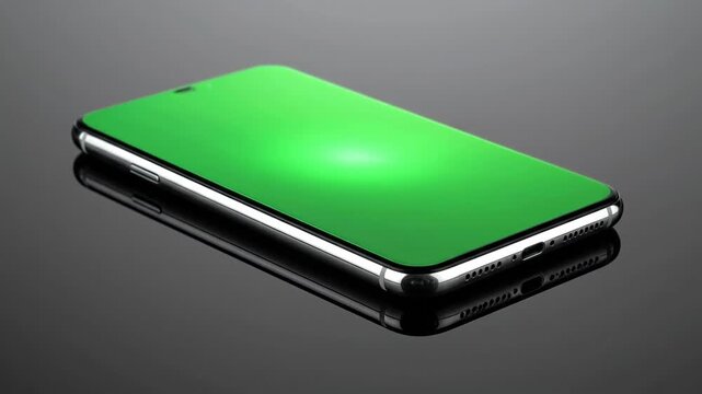 Modern Smartphone with Vibrant Green Screen Display, Sleek Silver Frame, and Reflective Surface, Showcasing Technology and Design.