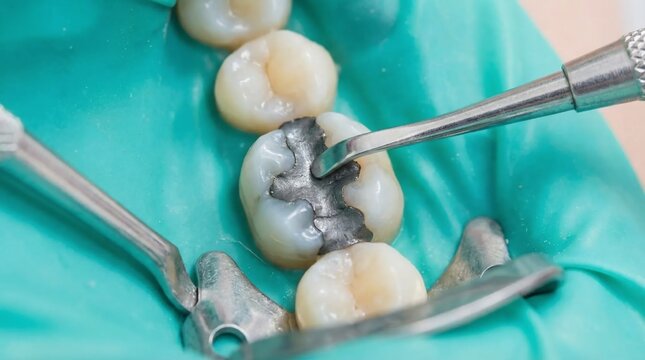Close up of dental procedure on molar tooth with amalgam filling using rubber dam.