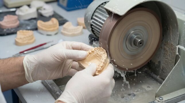 Dental technician grinding a plaster model of teeth using a professional model trimmer in a laboratory.