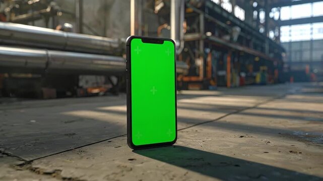Modern smartphone with vibrant green screen displayed on concrete floor within industrial factory setting