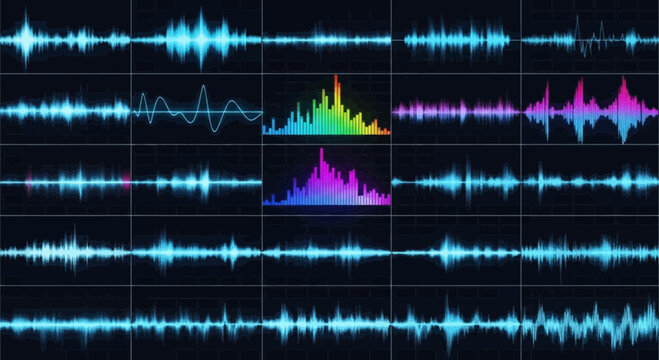 Digital Sound Waveforms and Spectrograms Montage on Dark Grid Background