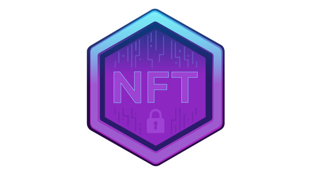 AI-generated vector icon illustration of a digital NFT token badge with a secure padlock symbol and circuit board patterns in a hexagonal frame, perfect for blockchain and crypto apps.