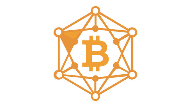 Golden Bitcoin symbol inside a hexagonal blockchain network node structure, representing distributed ledger technology and cryptocurrency, flat minimalist vector icon illustration.