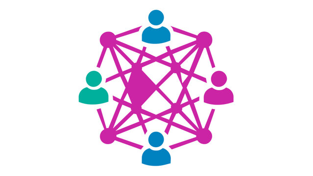 Decentralized blockchain network vector illustration with a mesh of connected people icons. Minimalist flat design representing smart contracts, peer-to-peer tech, and digital social connectivity.