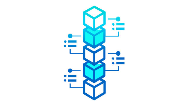 Blockchain block icon vector illustration featuring a vertical stack of 3D cubes with connection nodes. Ideal for cryptocurrency, decentralized data, fintech, and digital ledger technology apps.